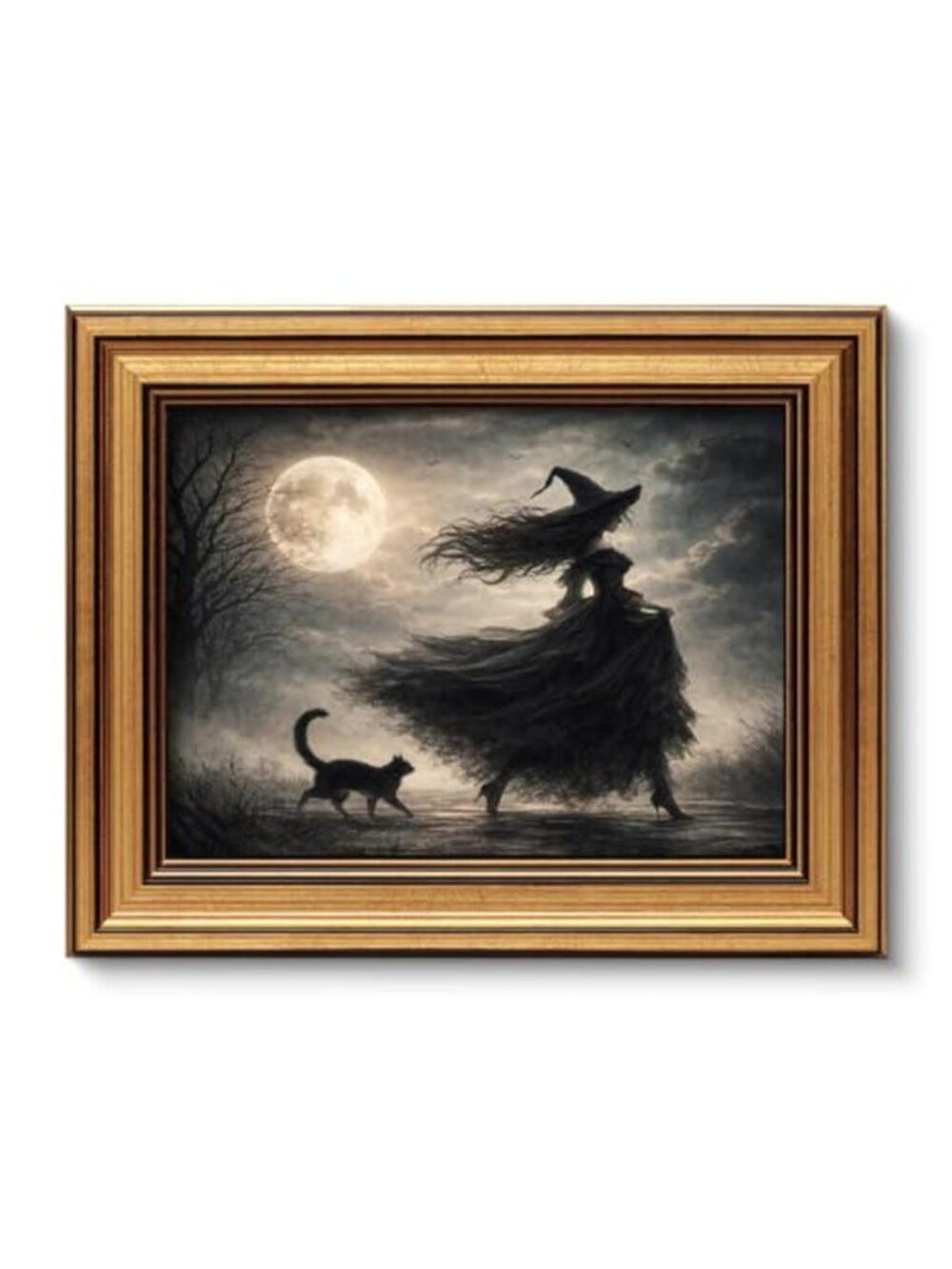 Halloween Forest Landscape Gold Framed Canvas Wall Art, 11x14 inch